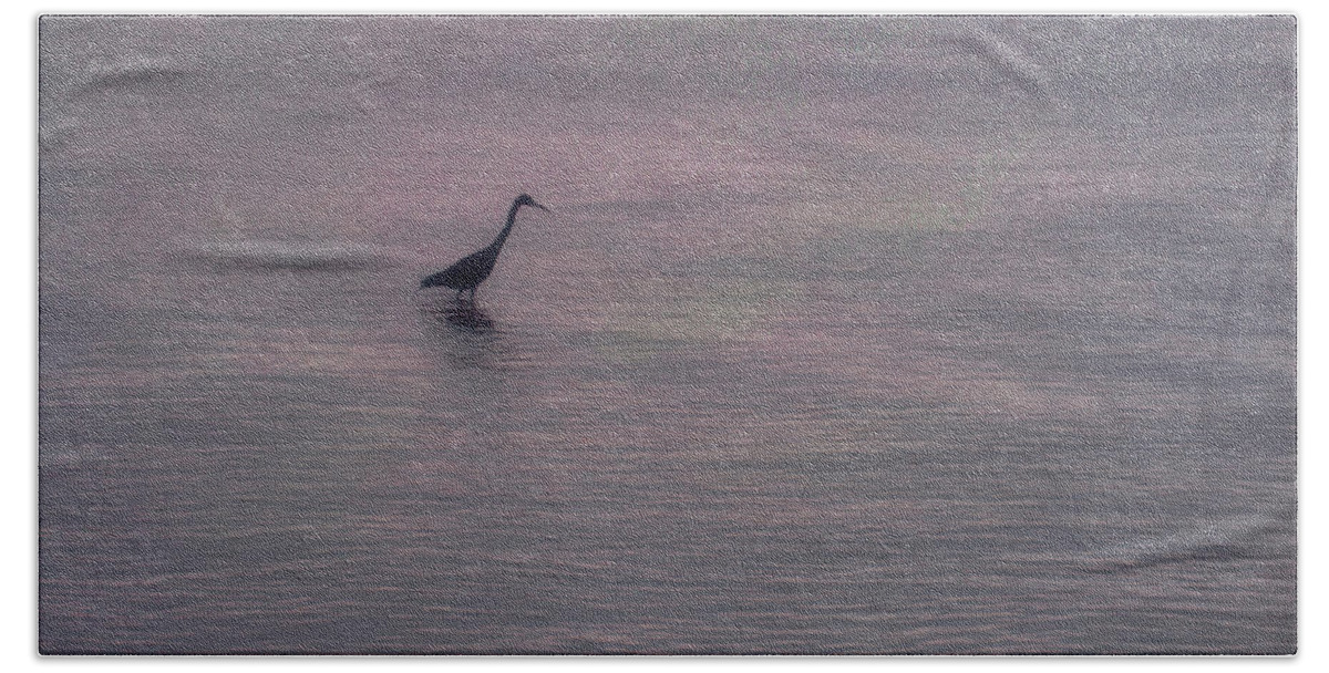 Water Beach Towel featuring the photograph The Texture of Water, With Blue Heron at Sunrise by Mitch Spence