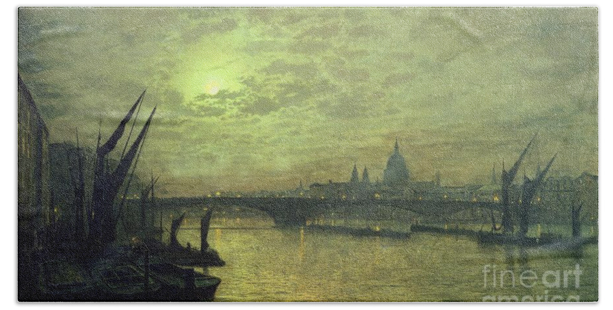 The Beach Towel featuring the painting The Thames by Moonlight with Southwark Bridge by John Atkinson Grimshaw