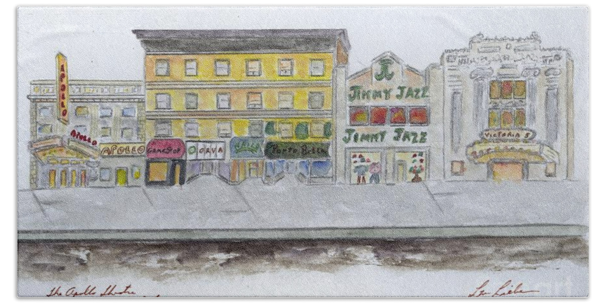 Apollo Theater Beach Towel featuring the painting Theatre's of Harlem's 125th Street by AFineLyne
