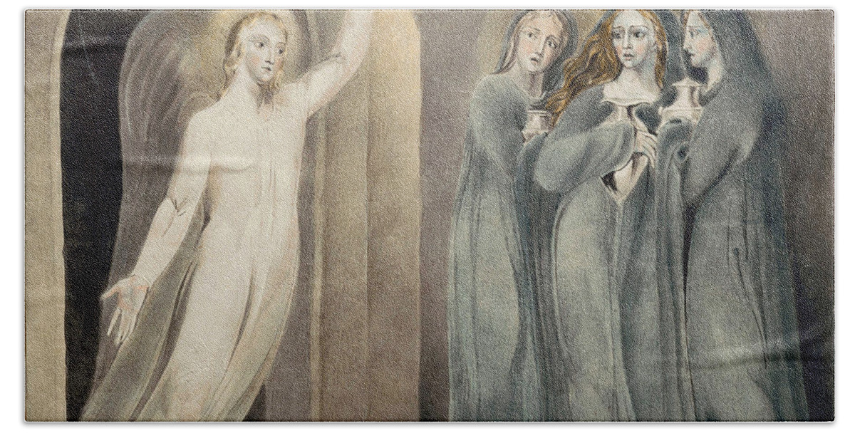 William Blake Beach Towel featuring the drawing The Three Maries at the Sepulchre by William Blake