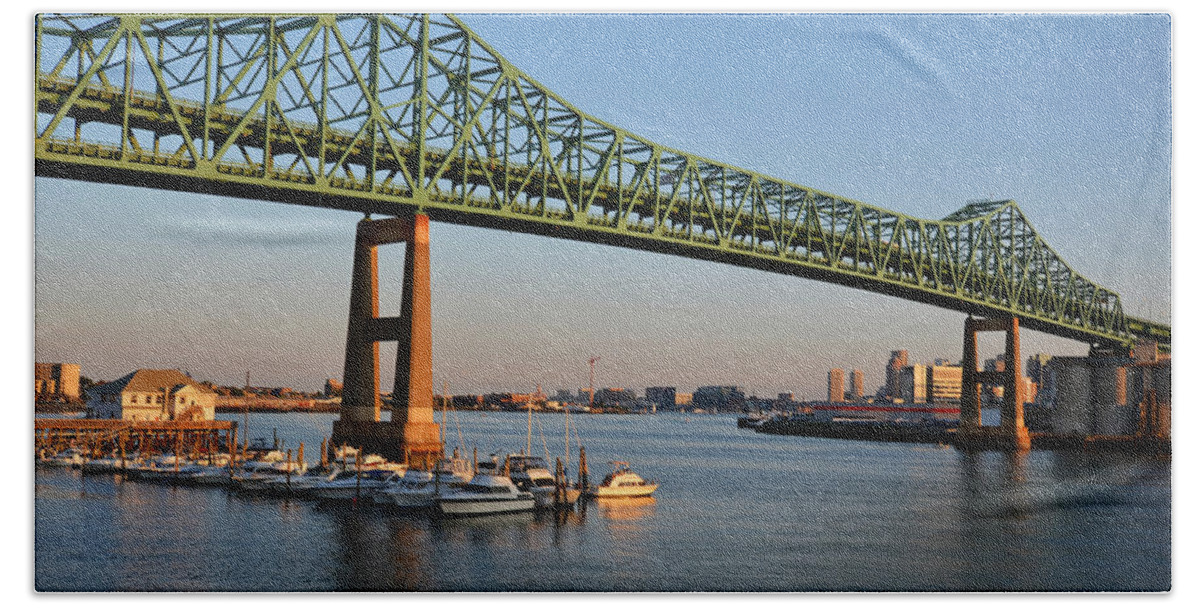 Boston Beach Sheet featuring the photograph The Tobin Bridge Into the Sunset Chelsea Yacht Club by Toby McGuire