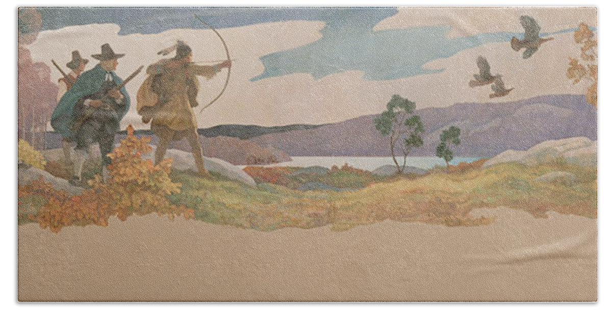 Thanksgiving Beach Sheet featuring the painting The Turkey Hunters by Newell Convers Wyeth