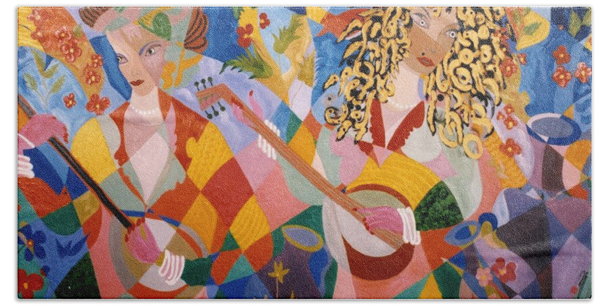 Women Beach Towel featuring the painting The two Women Musicians by Sima Amid Wewetzer