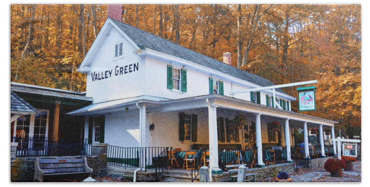 Valley Green Beach Towel featuring the photograph The Valley Green Inn in Autumn by Bill Cannon