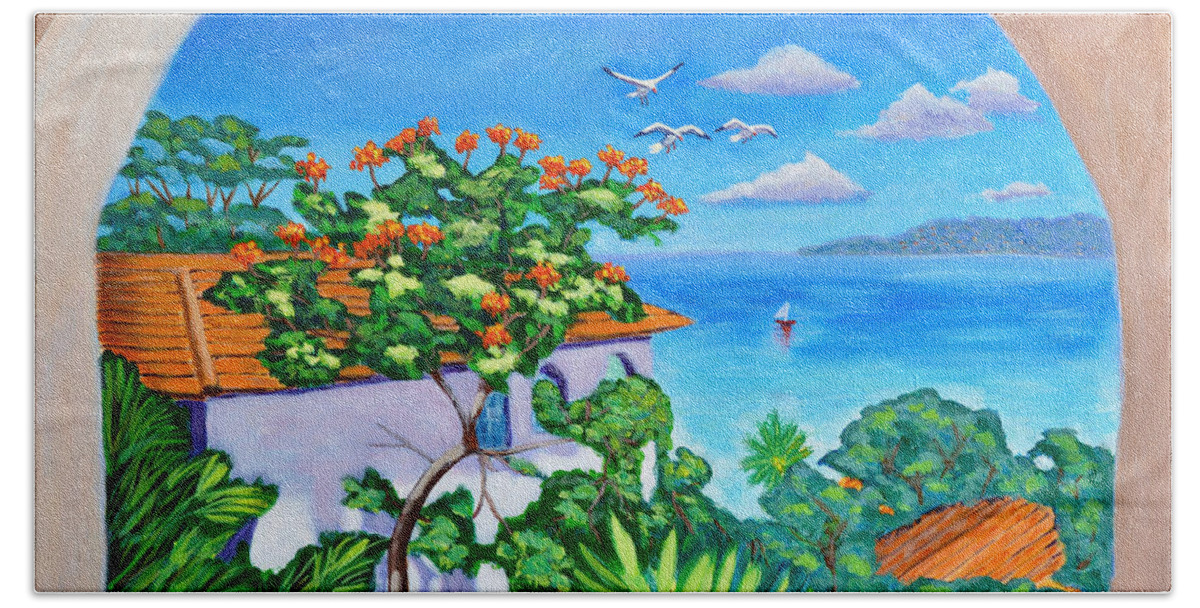 Seascape Beach Towel featuring the painting The View From A Window by Laura Forde