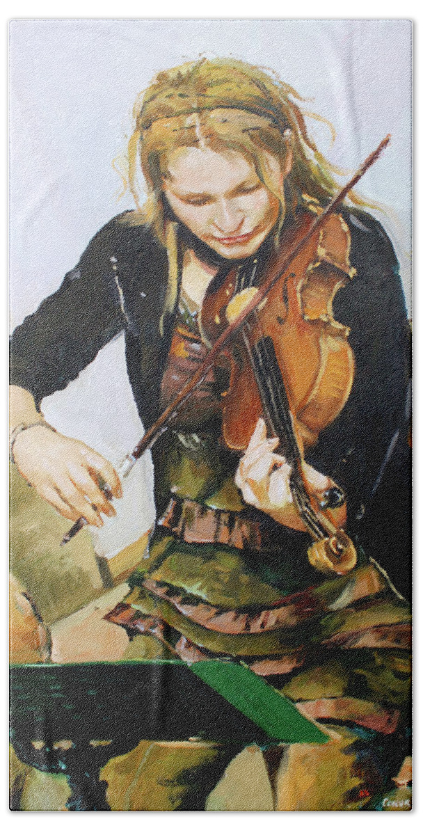 Girl Playing Violin Beach Towel featuring the painting The Violinist by Conor McGuire