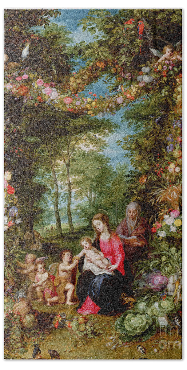 Virgin And Child Beach Towel featuring the painting The Virgin and Child with the infant Saint John the Baptist, Saint Anne and angels, surrounded by a by Brueghel and Balen