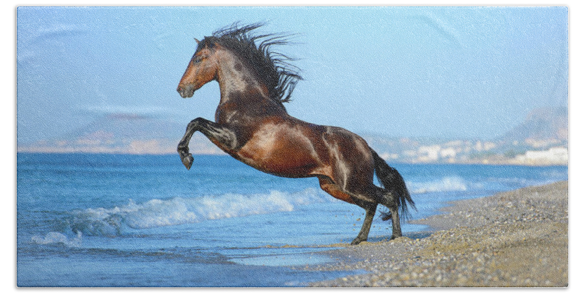Russian Artists New Wave Beach Towel featuring the photograph The Wave. Andalusian Horse by Ekaterina Druz