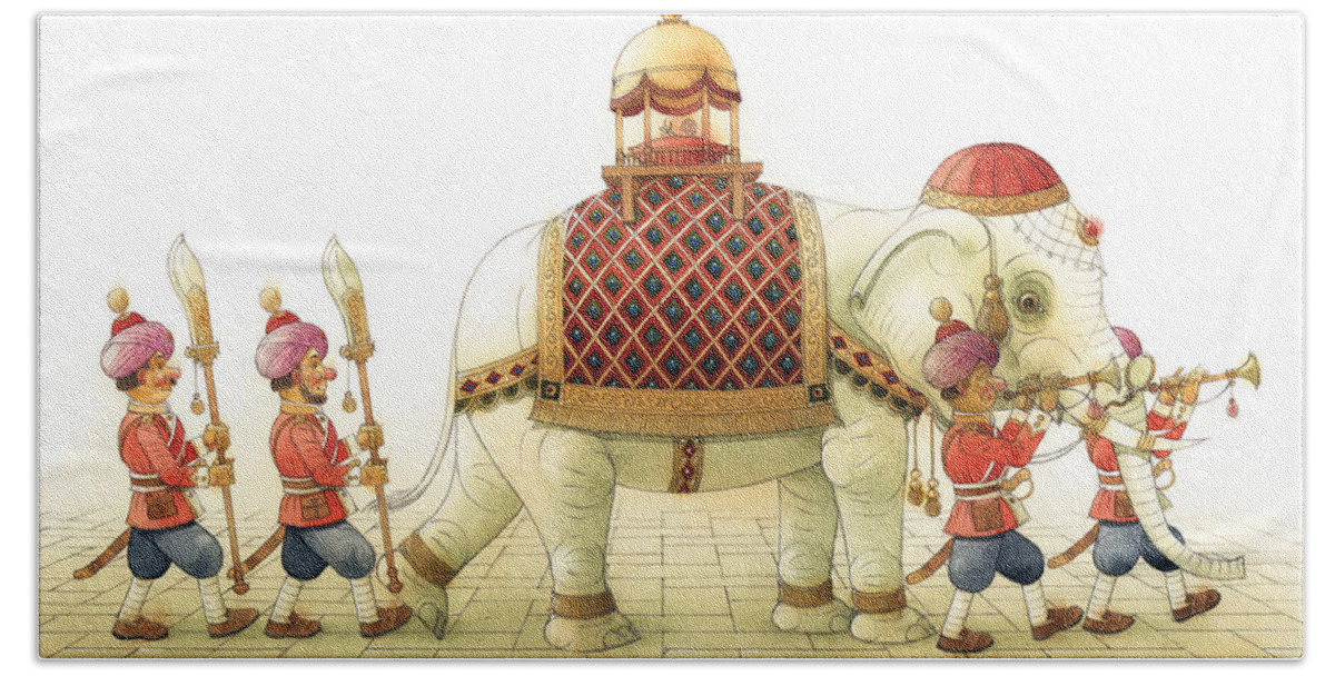 India Elephant White Post Bengali Soldiers Beach Towel featuring the painting The White Elephant 06 by Kestutis Kasparavicius