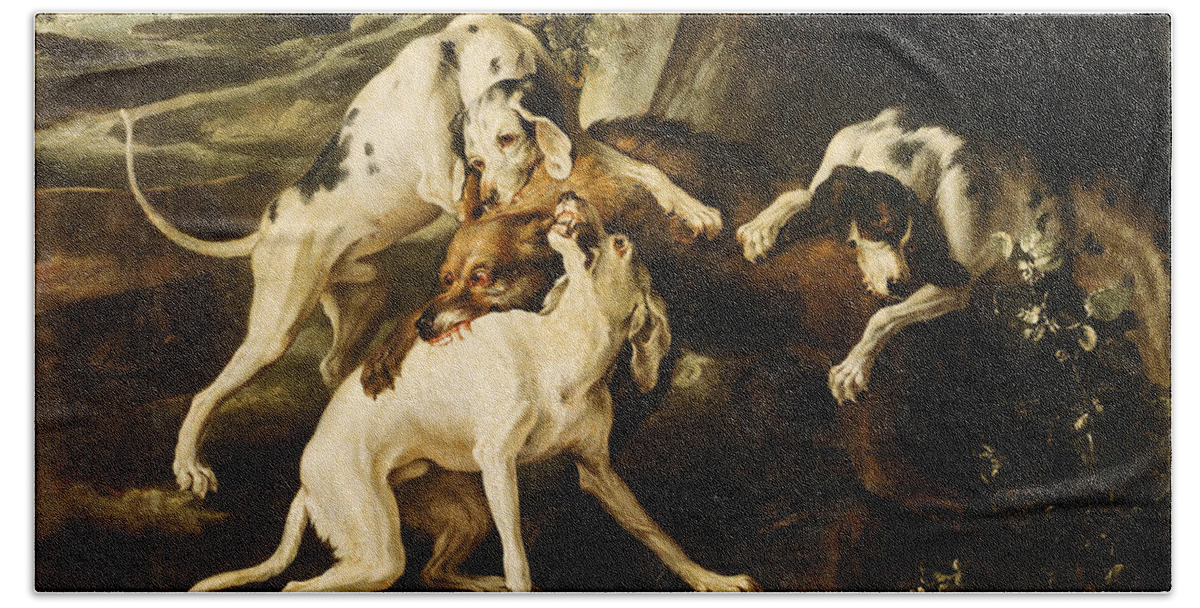 Alexandre-francois Desportes Beach Sheet featuring the painting The Wolf Hunt by Alexandre-Francois Desportes