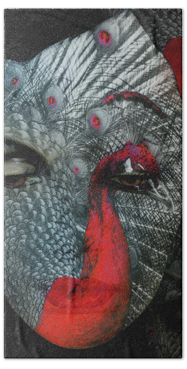 Face Beach Towel featuring the digital art The woman with the red peacock by Gabi Hampe