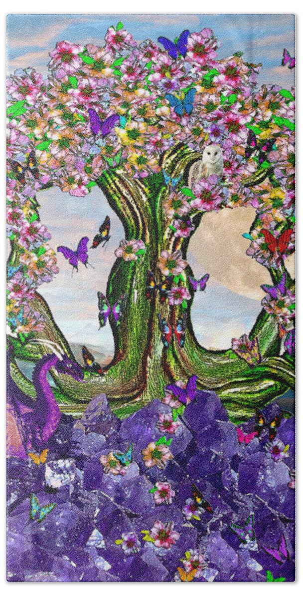 Dragon Beach Towel featuring the mixed media The World Tree Spring Equinox Dragons by Michele Avanti
