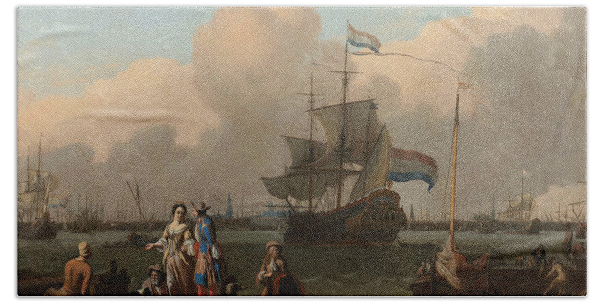 17th Century Art Beach Towel featuring the painting The Y at Amsterdam, with the Frigate De Ploeg by Ludolf Bakhuizen