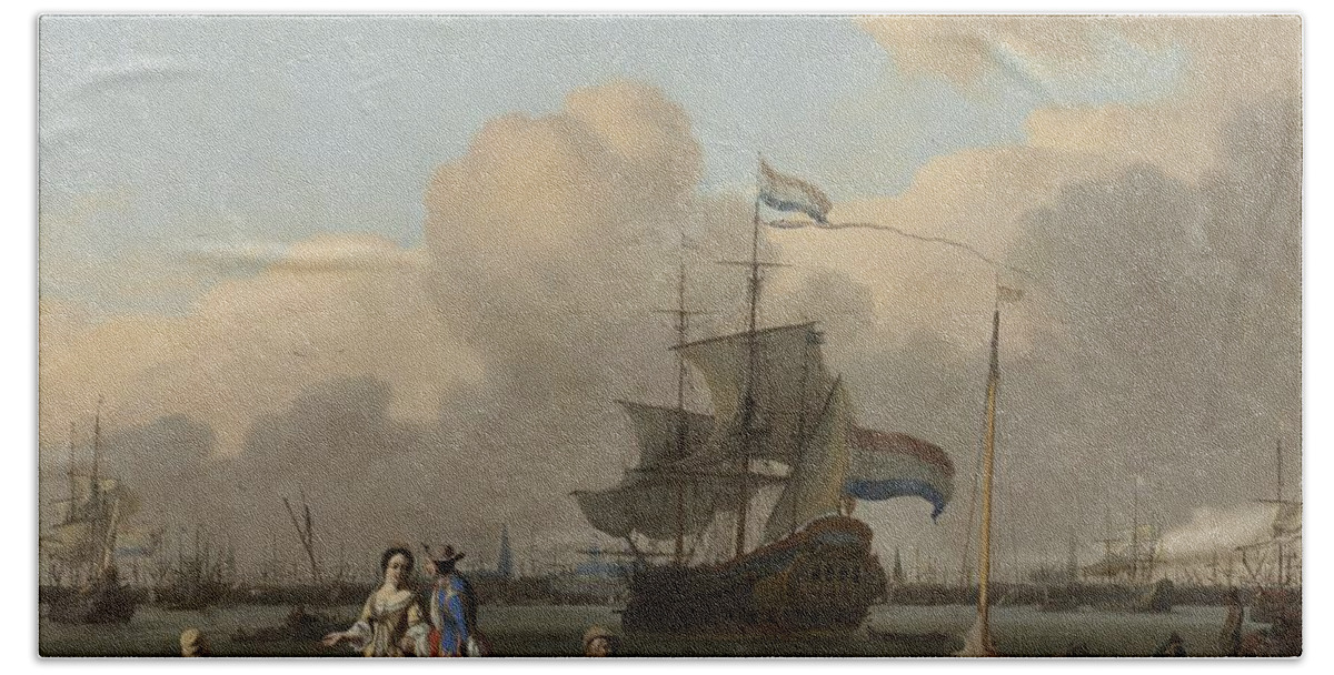 The Y At Amsterdam Beach Towel featuring the painting The Y at Amsterdam with the Frigate De Ploeg  Ludolf Bakhuysen 1680 1708 by Vintage Collectables