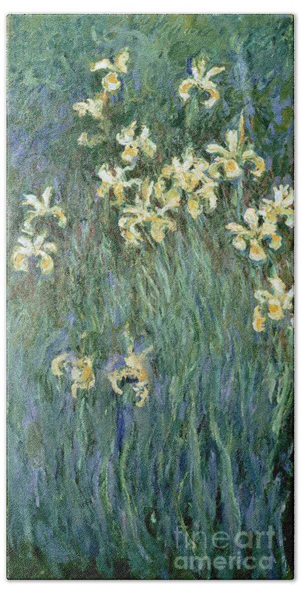 The Beach Towel featuring the painting The Yellow Irises by Claude Monet