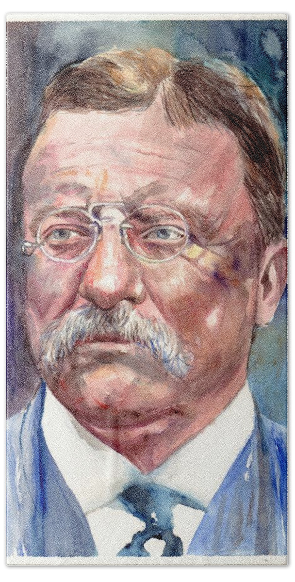 Theodore Roosevelt Beach Towel featuring the painting Theodore Roosevelt watercolor portrait by Suzann Sines