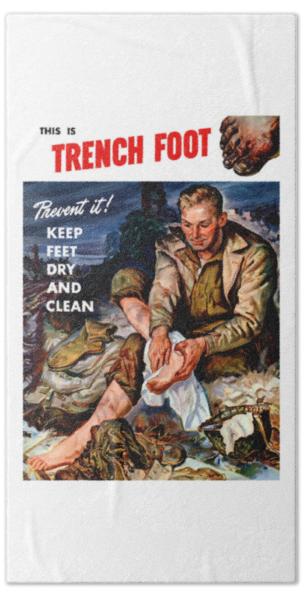 World War Two Beach Towel featuring the painting This Is Trench Foot - Prevent It by War Is Hell Store