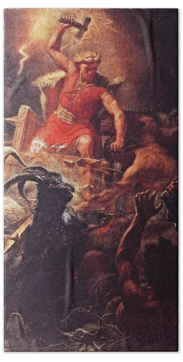 Thor Beach Towel featuring the painting Thor God of the Vikings by Marten Eskil Winge