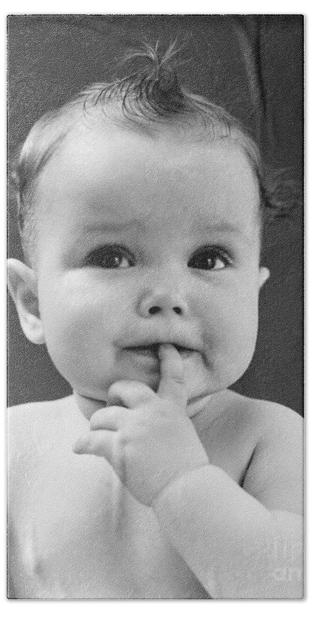 1940s Beach Towel featuring the photograph Thoughtful Baby With Finger In Mouth by H. Armstrong Roberts/ClassicStock