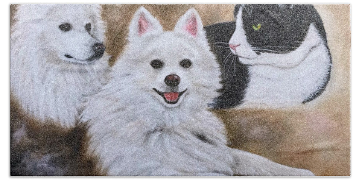 American Eskimo Dog Beach Towel featuring the painting Three Amigos by Dr Pat Gehr