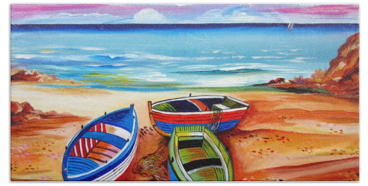 Boats Beach Towel featuring the painting Three boats and a seagull by Roberto Gagliardi