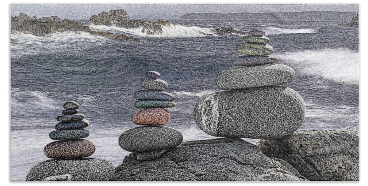 Three Cairn Seascape Beach Towel featuring the photograph Three Cairn Seascape by Marty Saccone