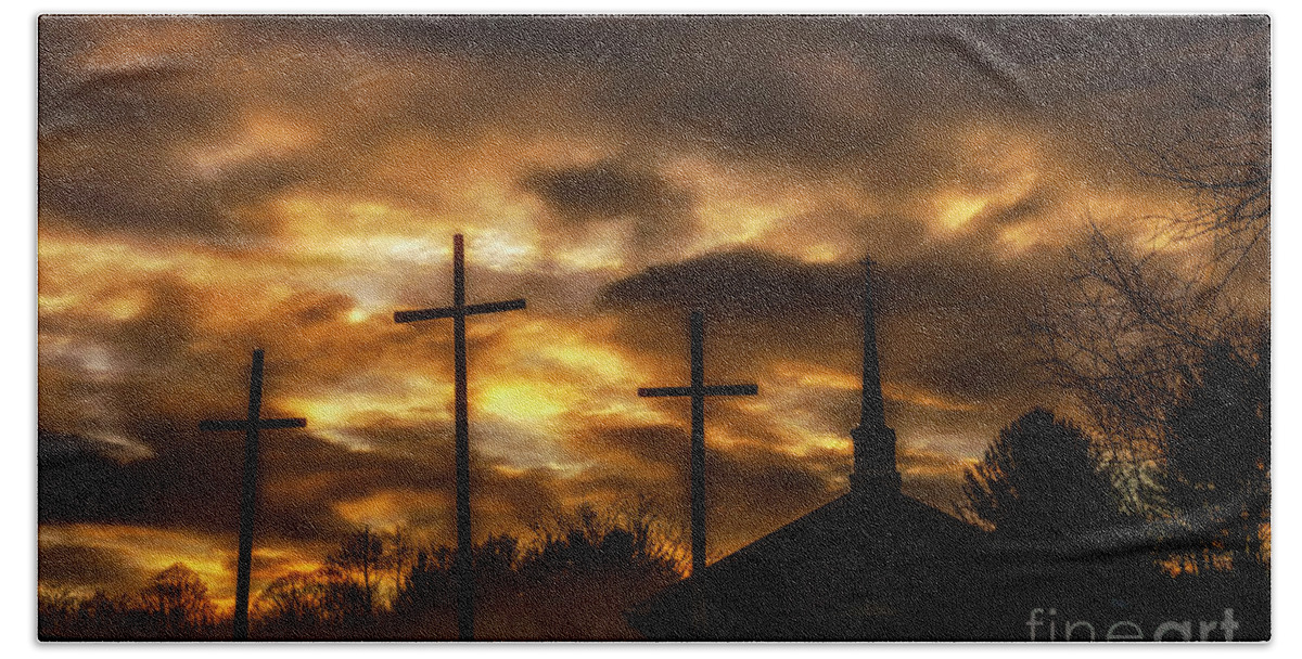 Cross Beach Towel featuring the photograph Three Crosses and Church by Thomas R Fletcher