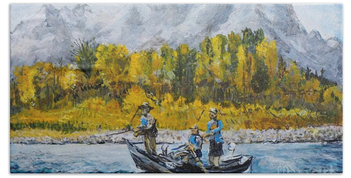 Three Fishing In A Boat Beach Towel featuring the painting Three fishing in a boat. by Joseph Mora
