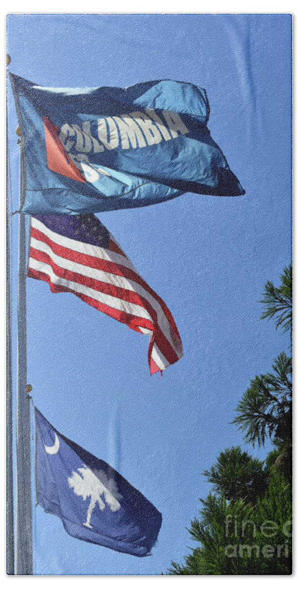 Scenic Beach Towel featuring the photograph Three Flags by Skip Willits