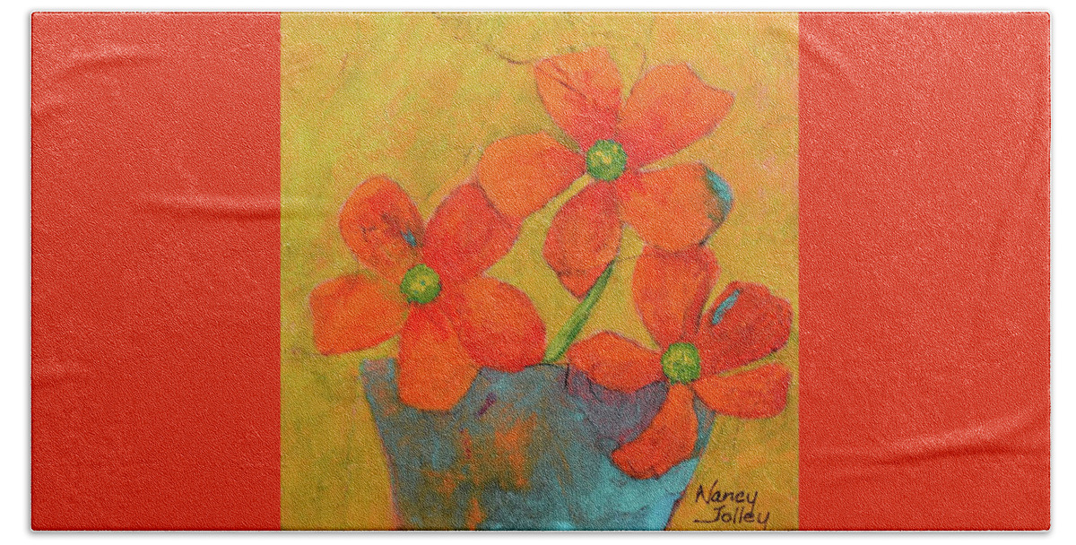 Flowers Beach Towel featuring the painting Three Flowers by Nancy Jolley