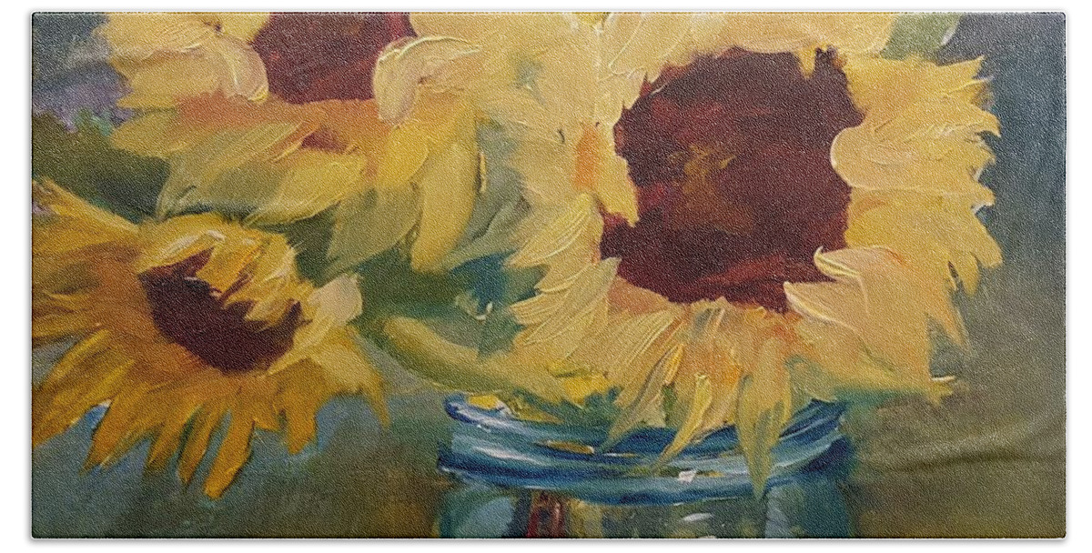 Sunflowers Beach Sheet featuring the painting Three is a Charm by Judy Fischer Walton