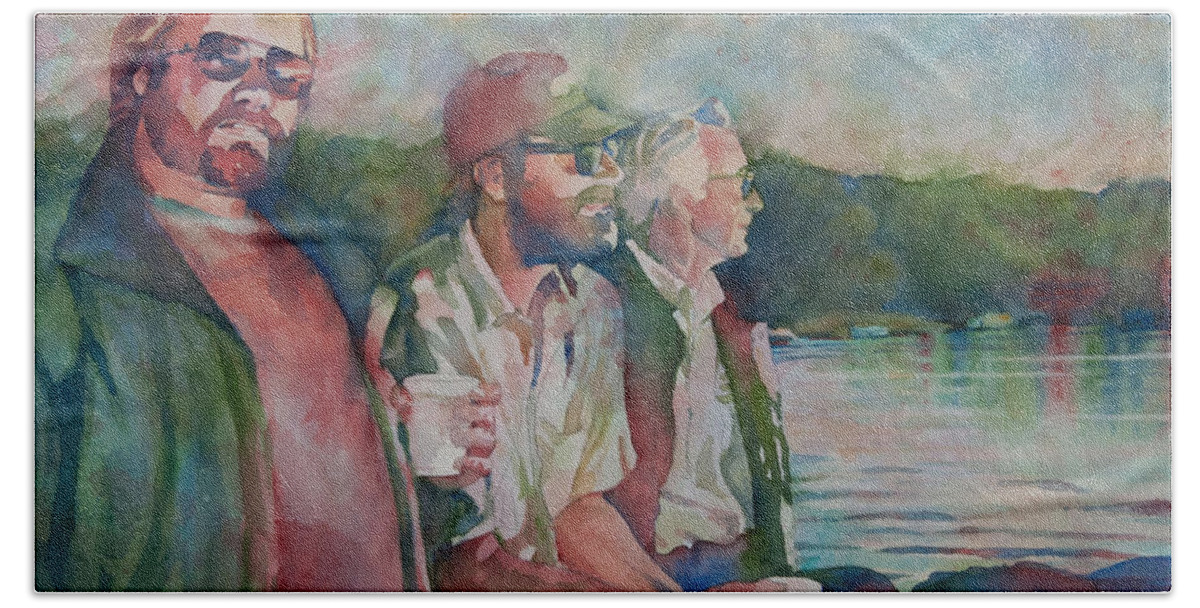 Boat Beach Towel featuring the painting Three Men in a Boat by Heidi E Nelson