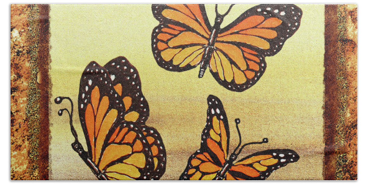 Monarch Butterfly Beach Towel featuring the painting Three Monarch Butterflies by Irina Sztukowski