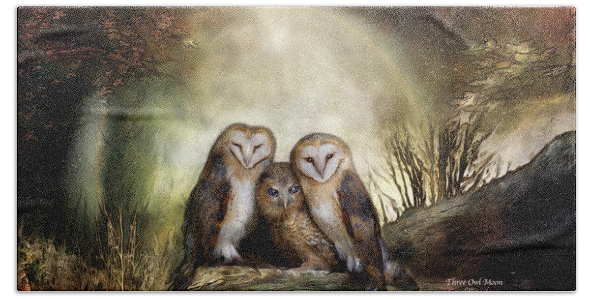Owl Beach Sheet featuring the mixed media Three Owl Moon by Carol Cavalaris