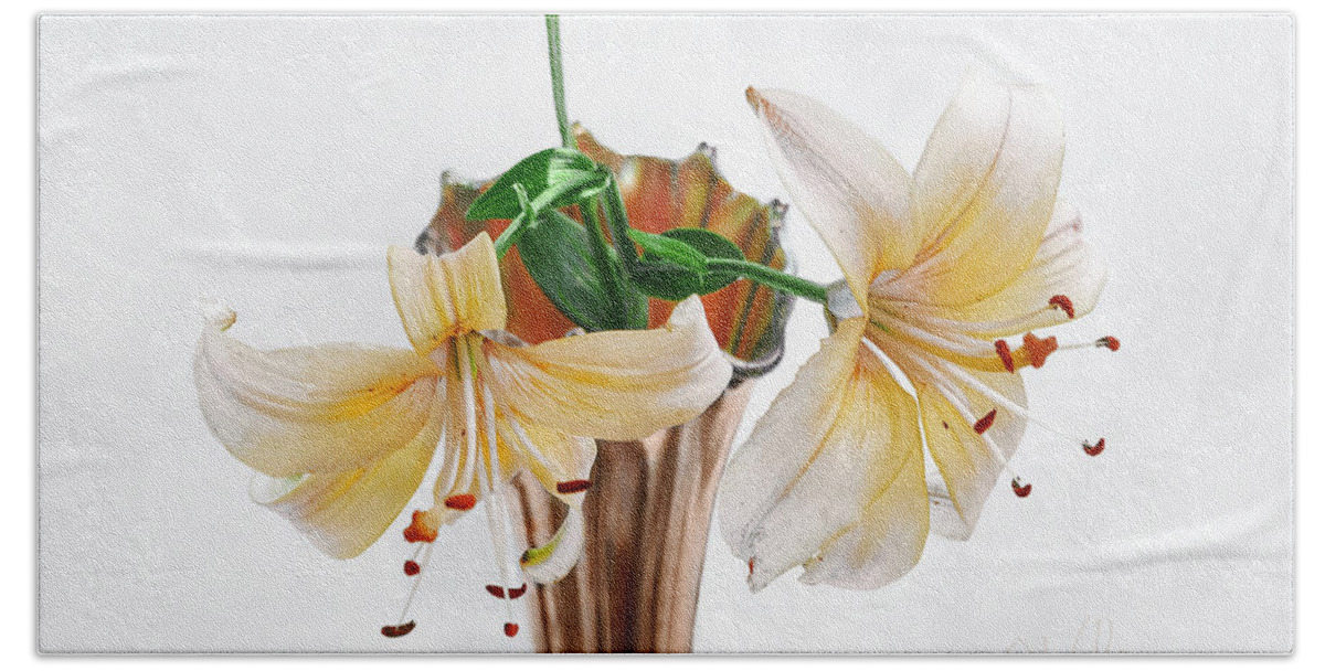 Lily Beach Sheet featuring the photograph Three Pale Gold Lilies Still Life by Louise Kumpf