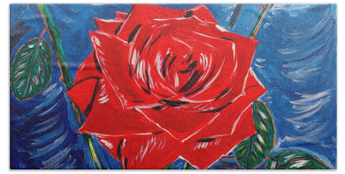 Rose Beach Towel featuring the painting Three Red Roses Four Leaves by Valerie Ornstein