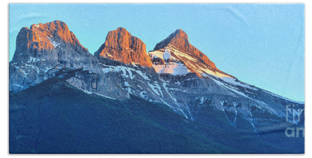 Three Sisters Beach Towel featuring the photograph Three Sisters Canmore Sunset Panorama by Adam Jewell