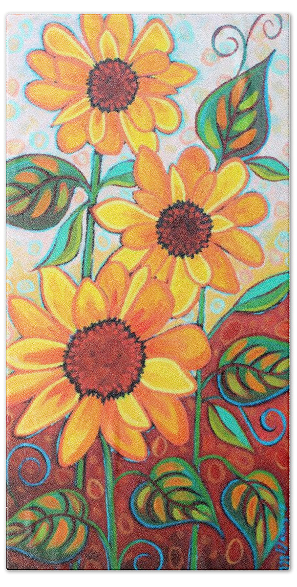  Beach Sheet featuring the painting Three SunFlowers by Peggy Davis