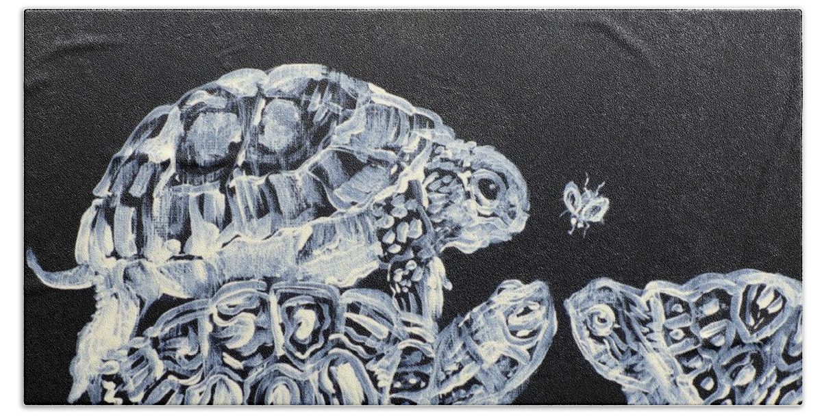 Turtle Beach Towel featuring the painting Three Terrapins And One Fly by Fabrizio Cassetta