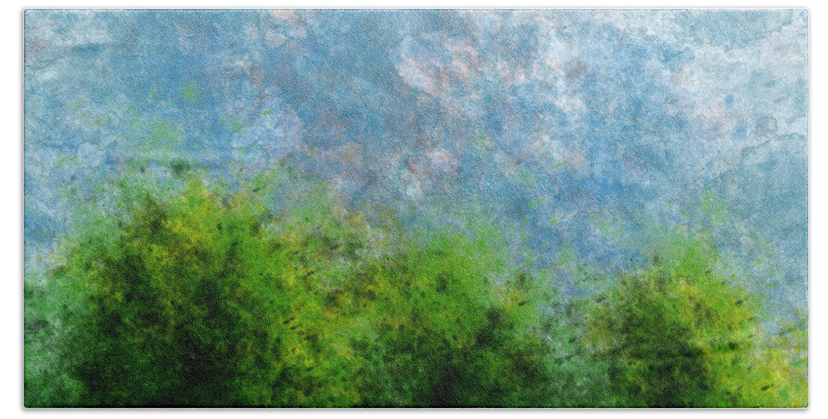 Bonnie Follett Beach Towel featuring the digital art Three Trees with Clouds original by Bonnie Follett