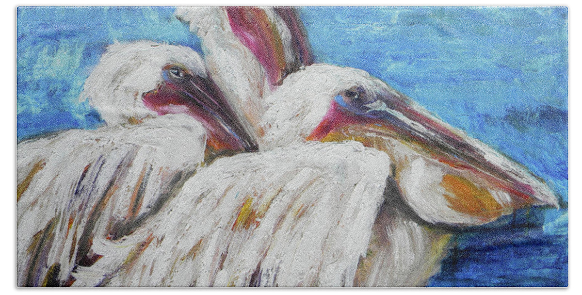 Pelican Beach Towel featuring the painting Three White Pelicans by JoAnn Wheeler