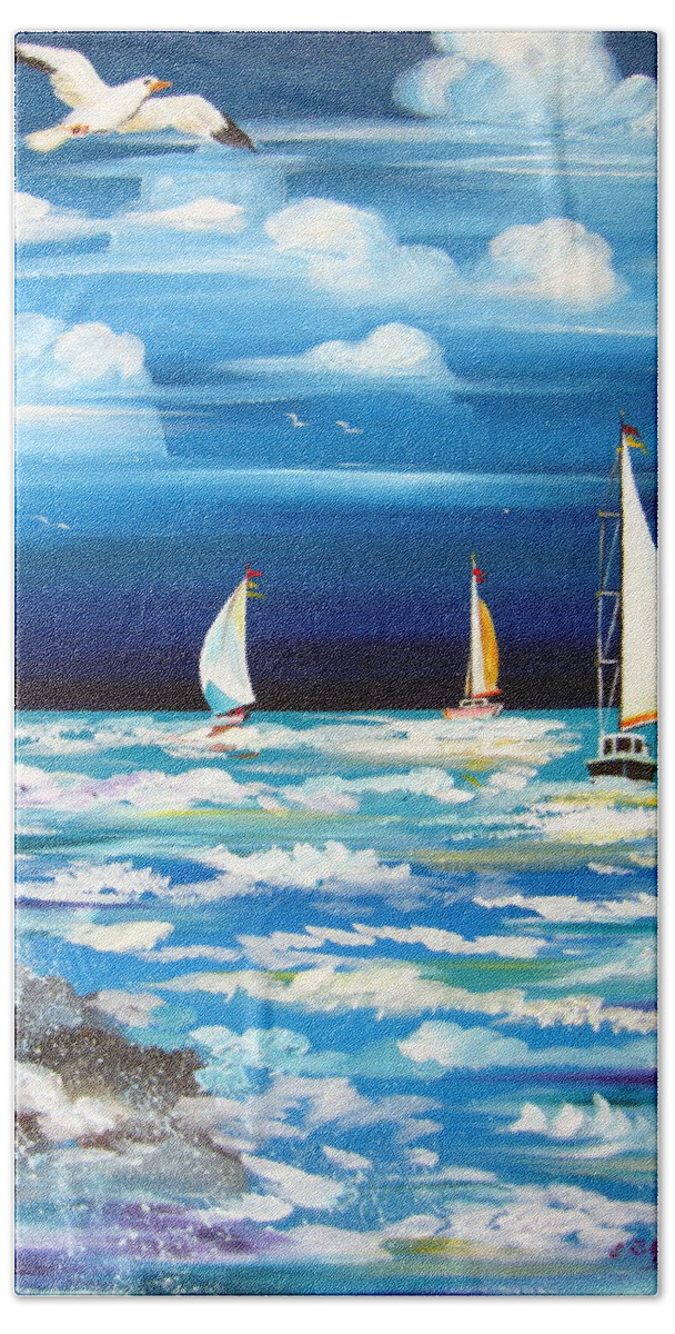 Seagull Beach Towel featuring the painting Three White Sails And A Seagull by Roberto Gagliardi