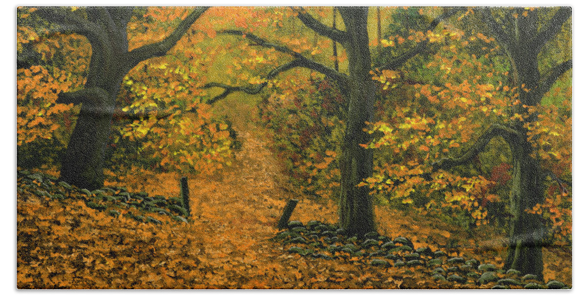 Landscape Beach Towel featuring the painting Through The Fallen Leaves by Frank Wilson
