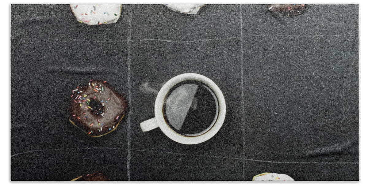 Tic-tac-toe Beach Towel featuring the photograph Tic Tac Toe Donuts and Coffee by Stephanie Frey