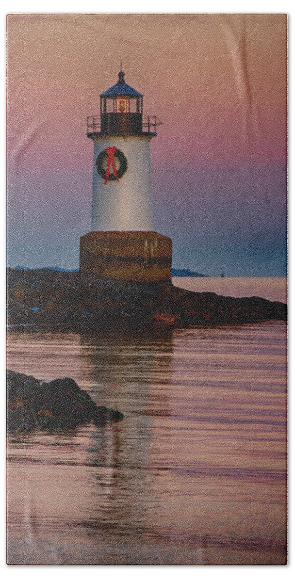 Salem Beach Towel featuring the photograph Tide coming in at Winter Island Lighthouse by Jeff Folger