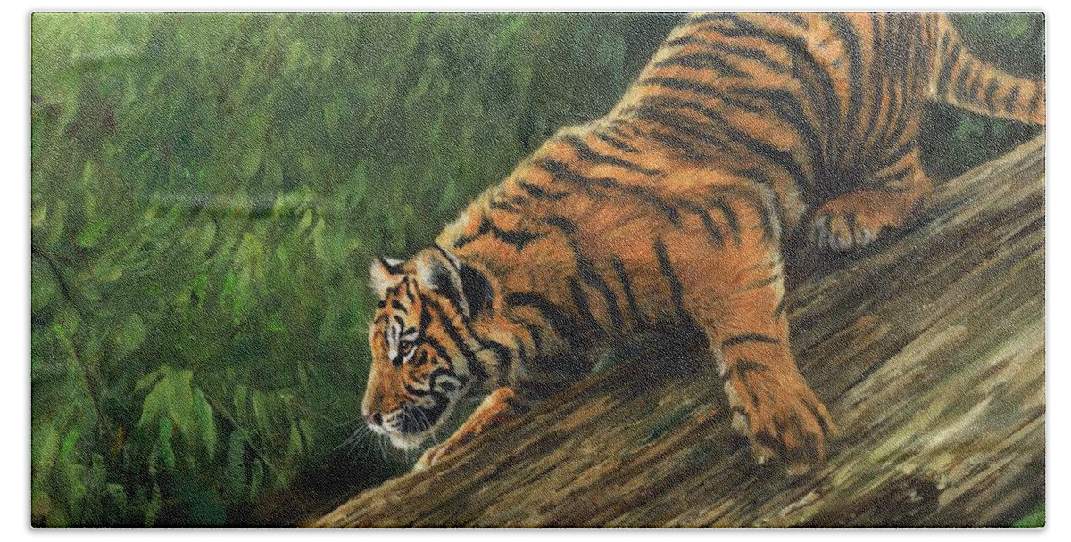 Tiger Beach Towel featuring the painting Tiger Descending Tree by David Stribbling