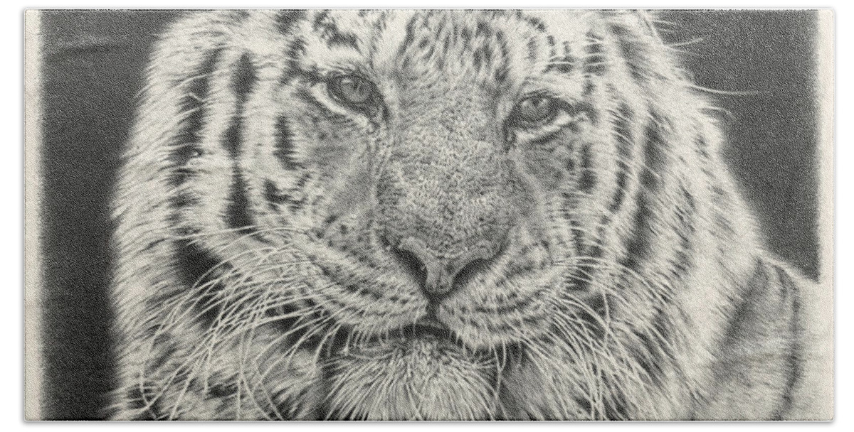 Tiger Beach Towel featuring the drawing Tiger Drawing by Casey 'Remrov' Vormer