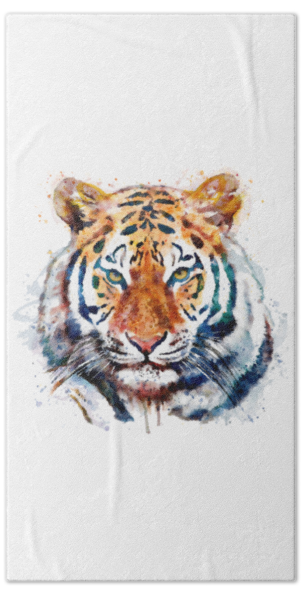 Marian Voicu Beach Towel featuring the painting Tiger Head watercolor by Marian Voicu