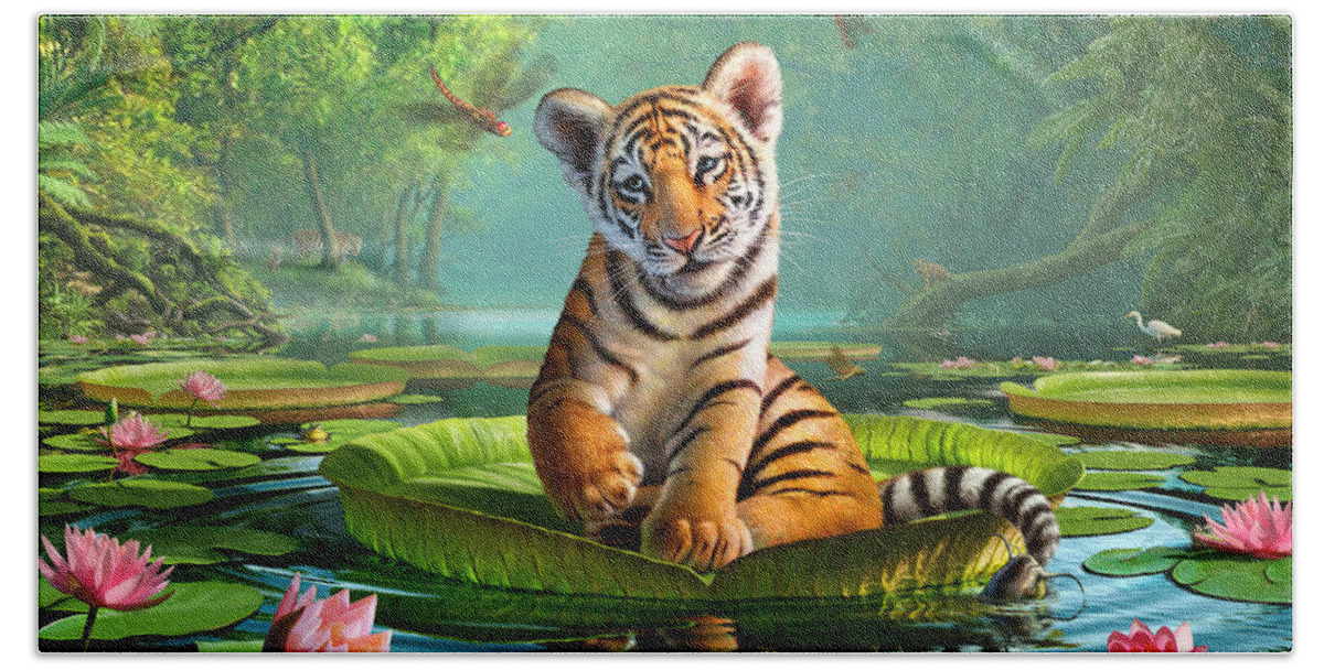 Most Popular Best Seller Tiger Dragonfly Turtle Frog Catfish Egret Duck Python Snake Swamp Marsh Water Reflection Lily Pads Flowers Trees Tropical Humid Misty India Asia Cute Adorable Sweet Playful Nibble Exotic Pond Ripples Morning Adventure Funny Humorous Colorful Nature Wildlife Tiger Cub Beautiful Stripes Beach Towel featuring the digital art Tiger Lily 1 by Jerry LoFaro