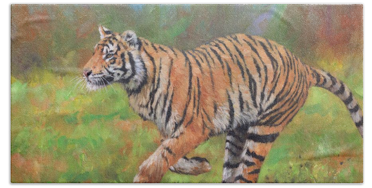 Tiger Beach Towel featuring the painting Tiger Running by David Stribbling